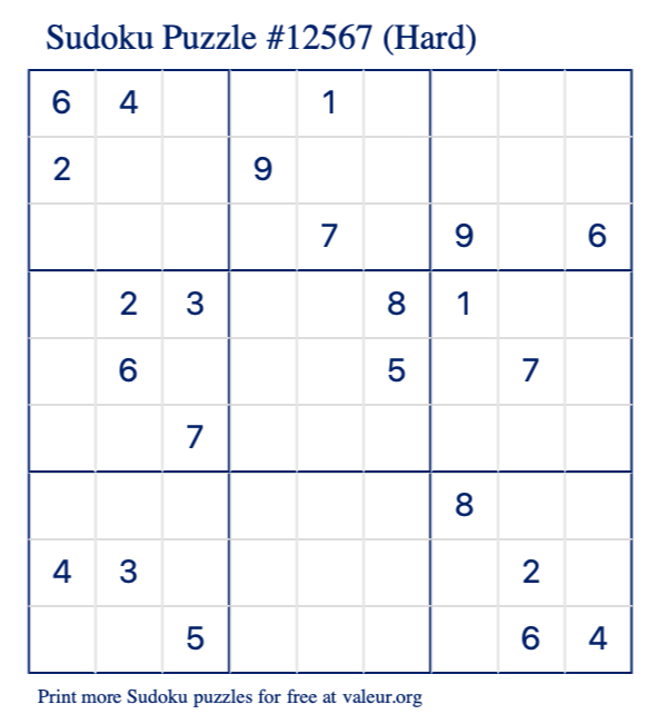 Free Printable Hard Sudoku Puzzle number 12567