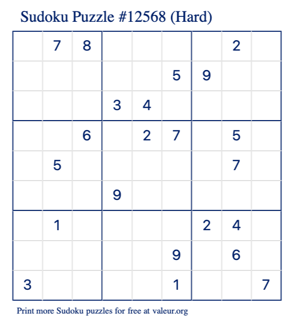 Free Printable Hard Sudoku Puzzle number 12568