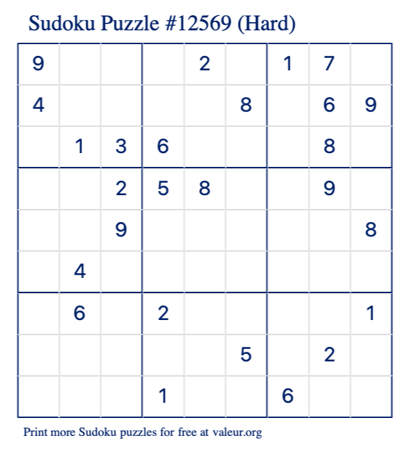 Free Printable Hard Sudoku Puzzle number 12569
