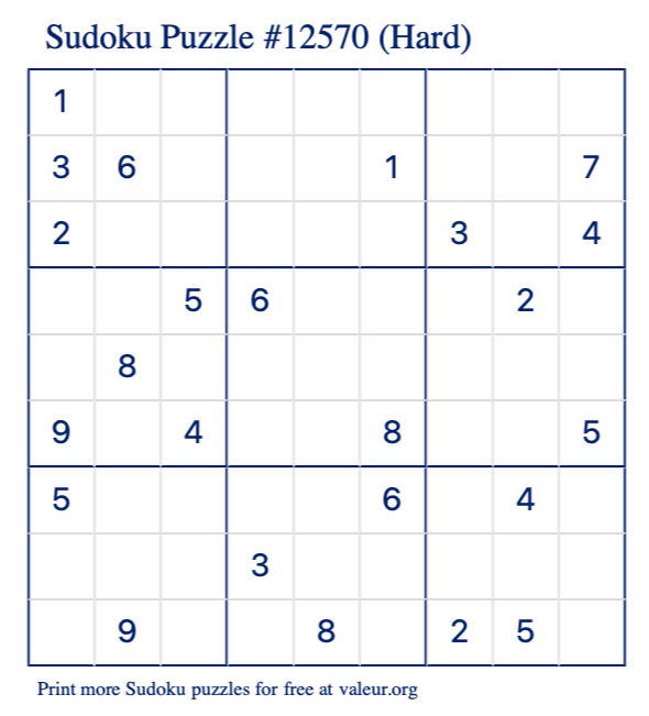 Free Printable Hard Sudoku Puzzle number 12570
