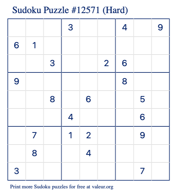 Free Printable Hard Sudoku Puzzle number 12571