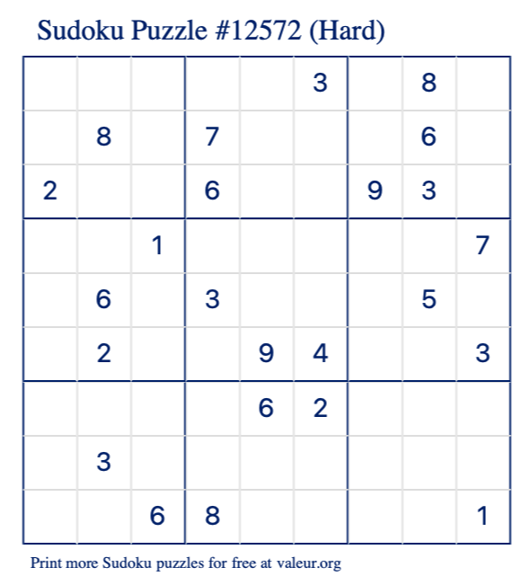 Free Printable Hard Sudoku Puzzle number 12572
