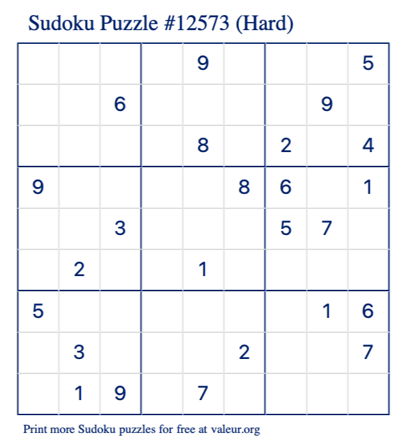Free Printable Hard Sudoku Puzzle number 12573