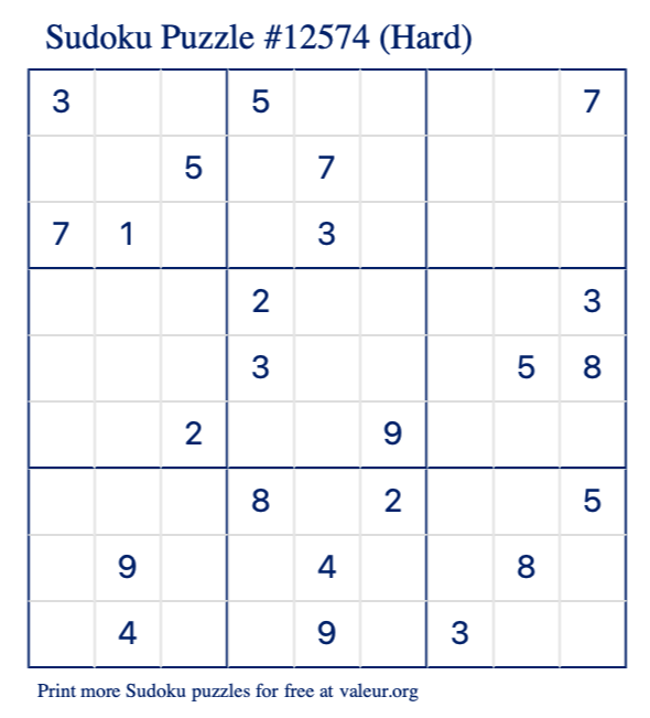 Free Printable Hard Sudoku Puzzle number 12574