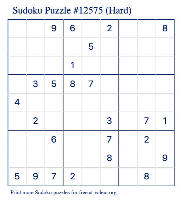 Free Printable Hard Sudoku Puzzle number 12575