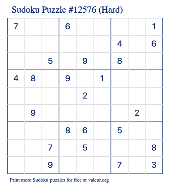 Free Printable Hard Sudoku Puzzle number 12576
