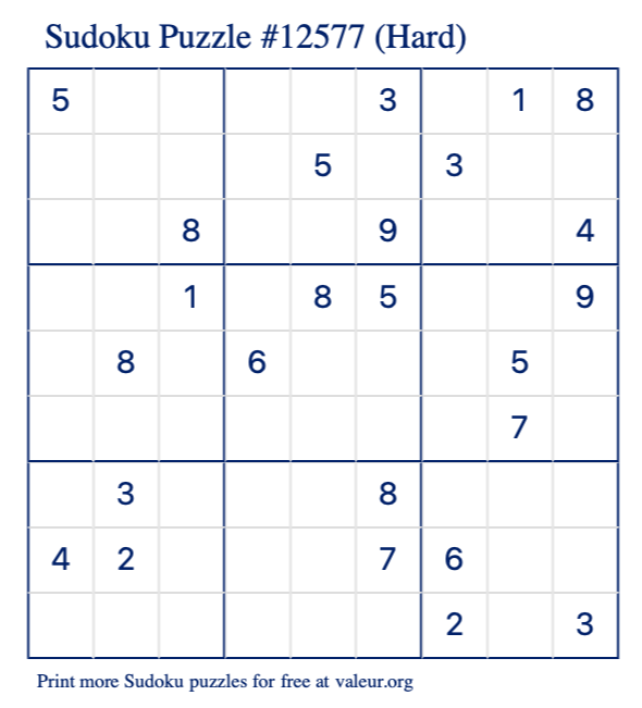 Free Printable Hard Sudoku Puzzle number 12577