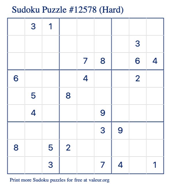 Free Printable Hard Sudoku Puzzle number 12578