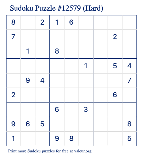 Free Printable Hard Sudoku Puzzle number 12579