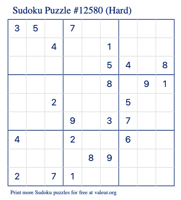 Free Printable Hard Sudoku Puzzle number 12580