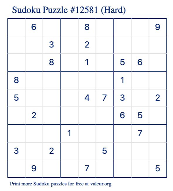 Free Printable Hard Sudoku Puzzle number 12581