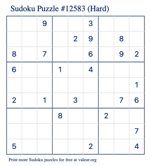 Free Printable Hard Sudoku Puzzle number 12583