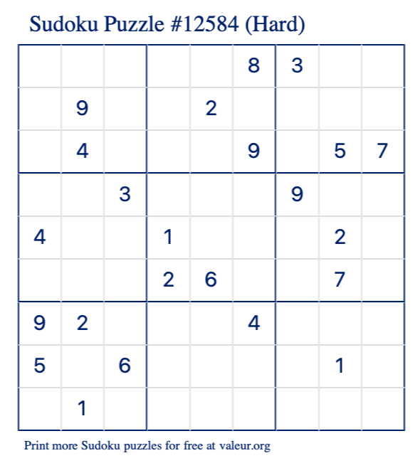 Free Printable Hard Sudoku Puzzle number 12584