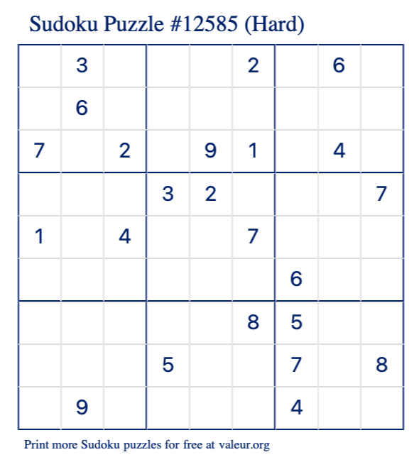 Free Printable Hard Sudoku Puzzle number 12585