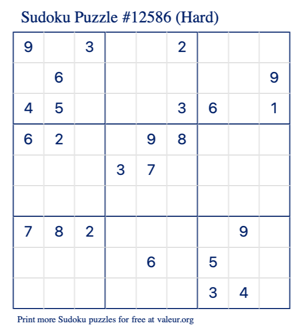 Free Printable Hard Sudoku Puzzle number 12586