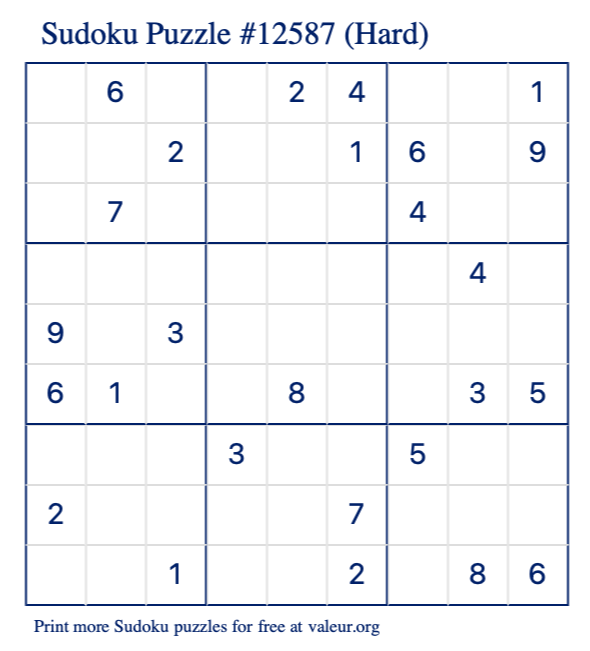 Free Printable Hard Sudoku Puzzle number 12587