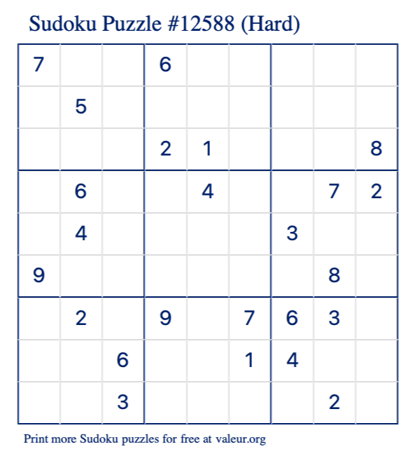 Free Printable Hard Sudoku Puzzle number 12588
