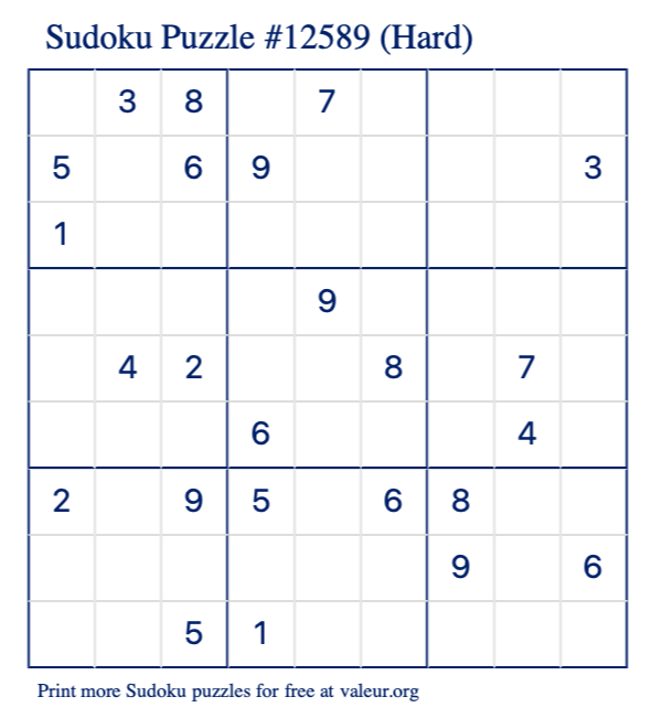 Free Printable Hard Sudoku Puzzle number 12589