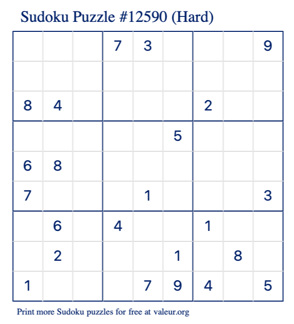 Free Printable Hard Sudoku Puzzle number 12590