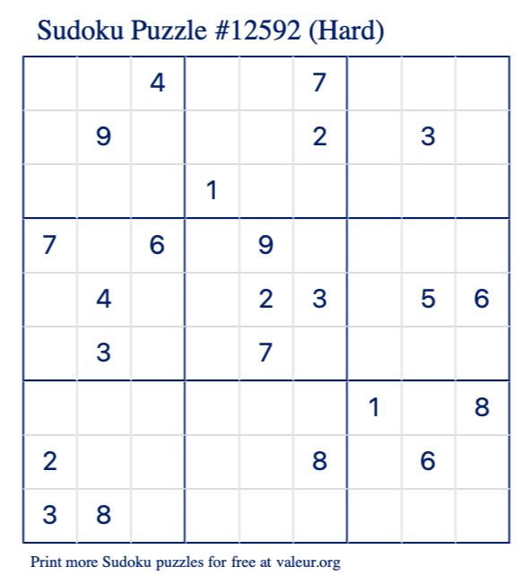 Free Printable Hard Sudoku Puzzle number 12592