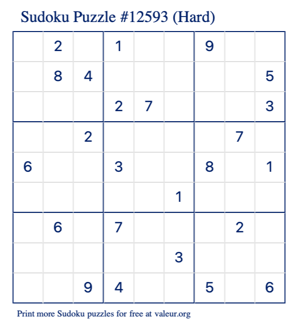 Free Printable Hard Sudoku Puzzle number 12593