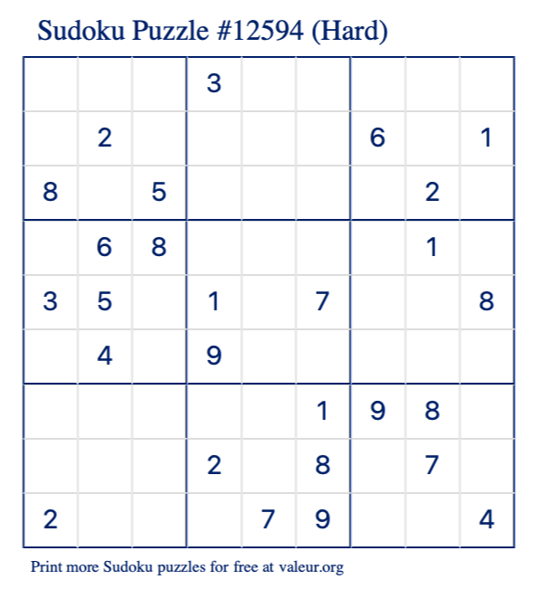 Free Printable Hard Sudoku Puzzle number 12594