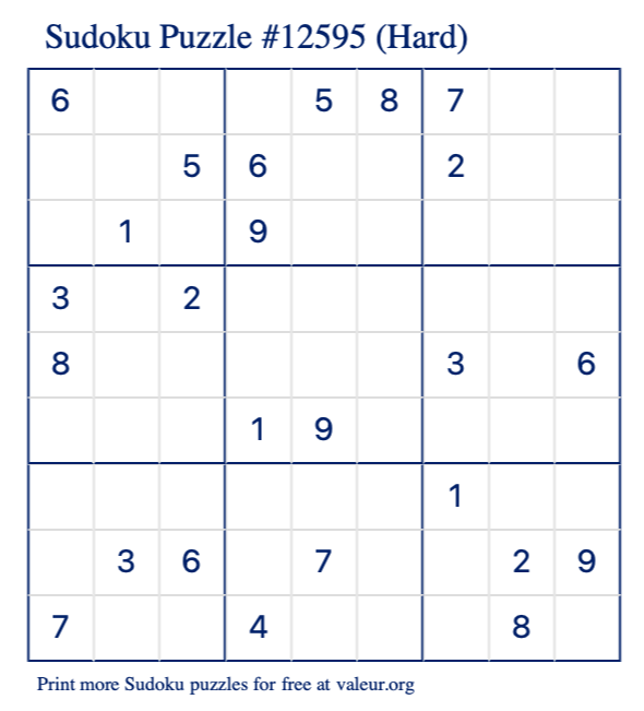 Free Printable Hard Sudoku Puzzle number 12595