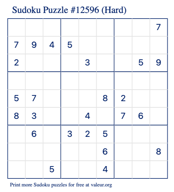 Free Printable Hard Sudoku Puzzle number 12596