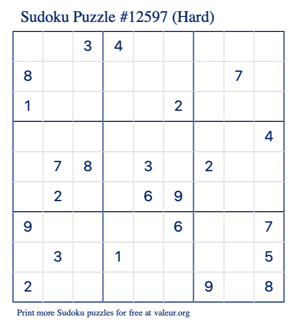 Free Printable Hard Sudoku Puzzle number 12597