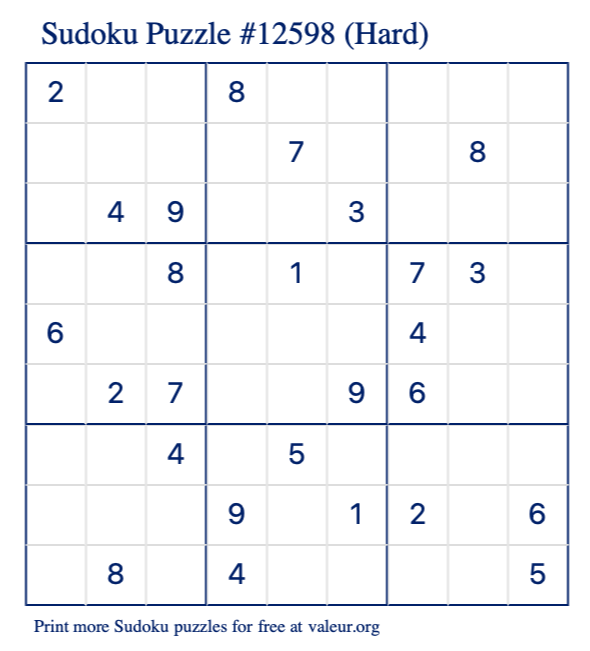 Free Printable Hard Sudoku Puzzle number 12598
