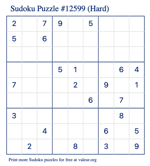 Free Printable Hard Sudoku Puzzle number 12599