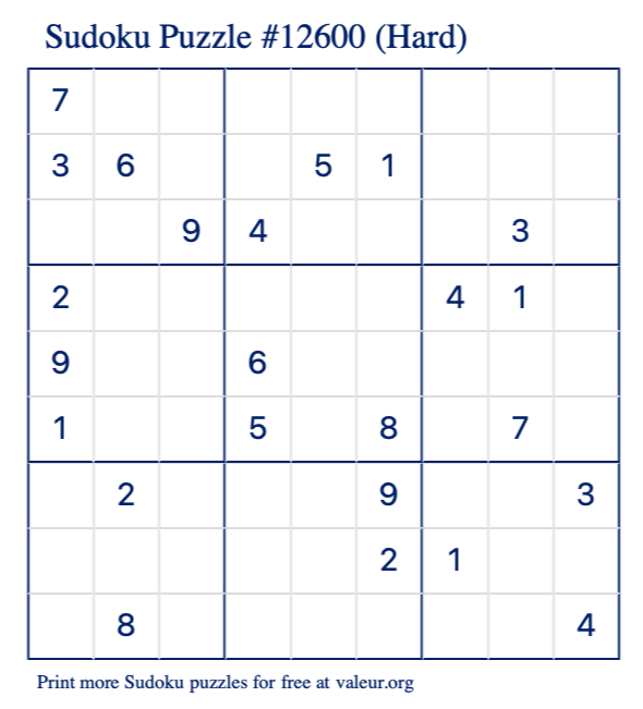 Free Printable Hard Sudoku Puzzle number 12600