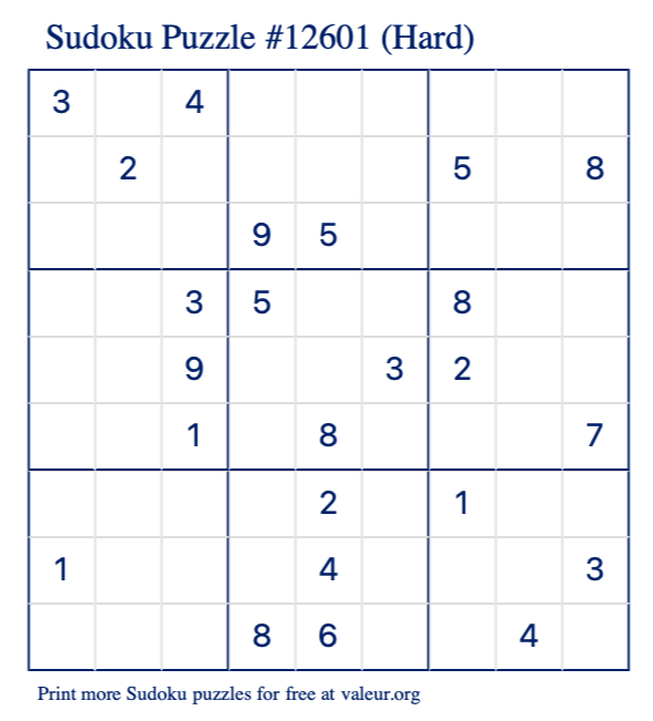 Free Printable Hard Sudoku Puzzle number 12601