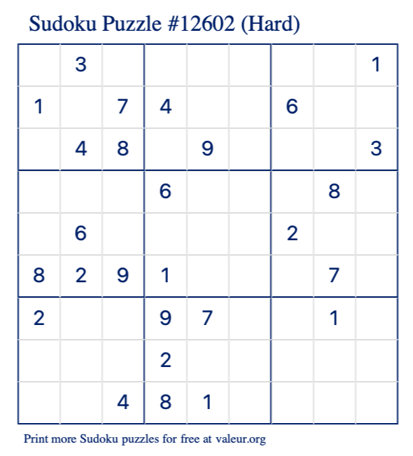 Free Printable Hard Sudoku Puzzle number 12602