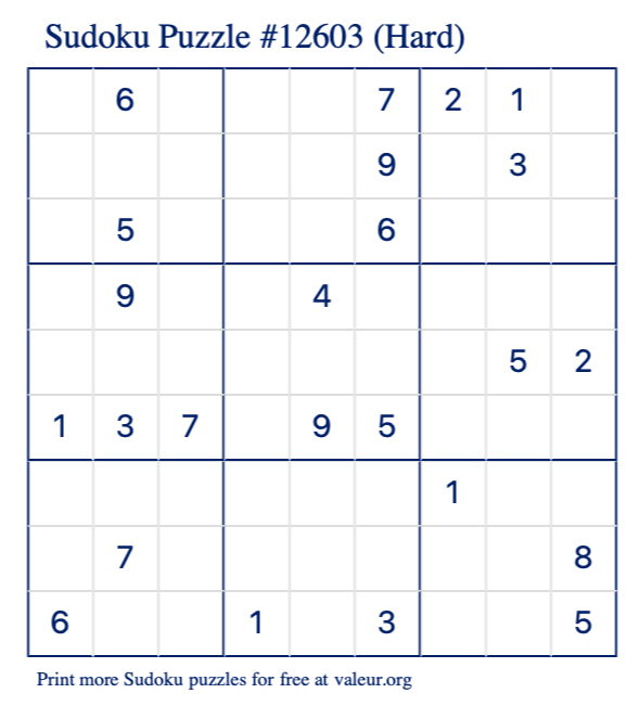 Free Printable Hard Sudoku Puzzle number 12603