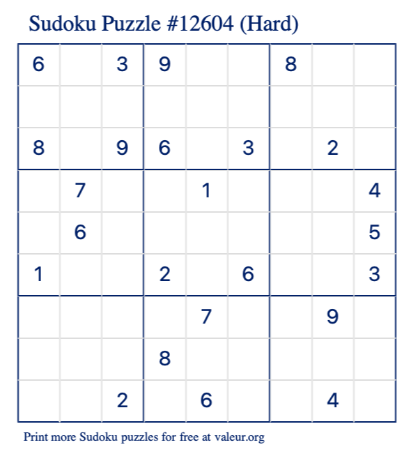 Free Printable Hard Sudoku Puzzle number 12604