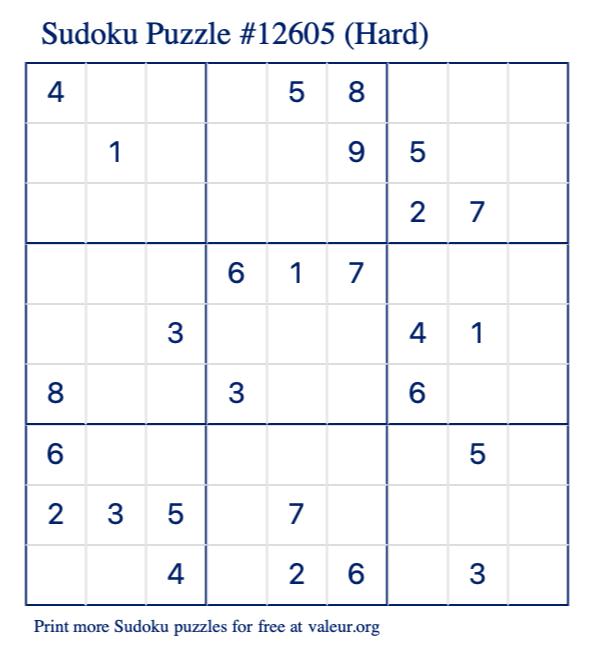 Free Printable Hard Sudoku Puzzle number 12605