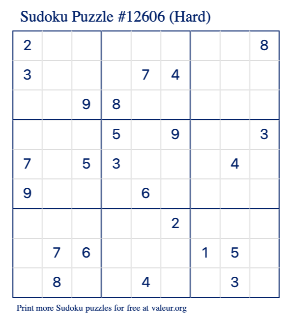 Free Printable Hard Sudoku Puzzle number 12606