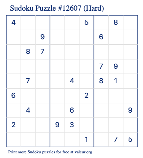 Free Printable Hard Sudoku Puzzle number 12607