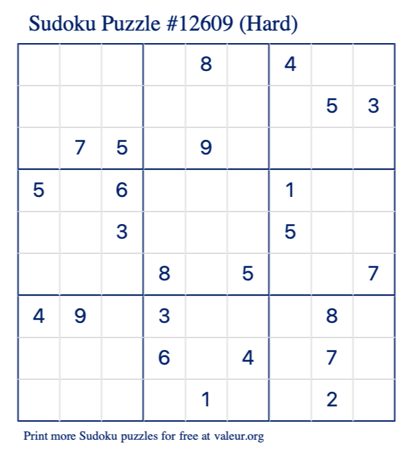 Free Printable Hard Sudoku Puzzle number 12609