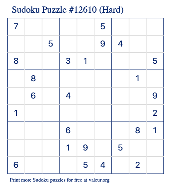 Free Printable Hard Sudoku Puzzle number 12610