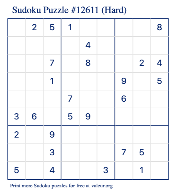 Free Printable Hard Sudoku Puzzle number 12611