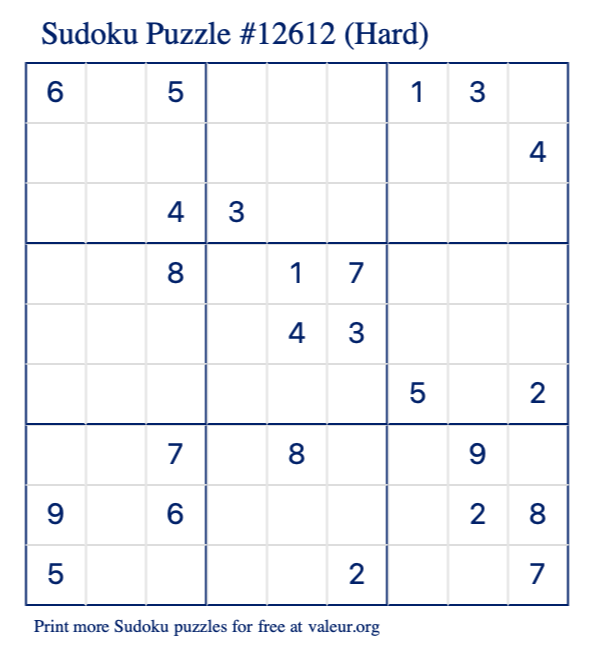 Free Printable Hard Sudoku Puzzle number 12612