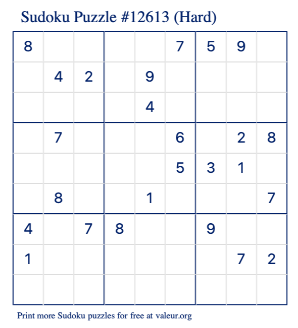 Free Printable Hard Sudoku Puzzle number 12613