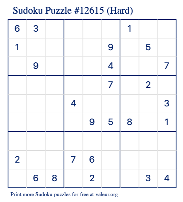 Free Printable Hard Sudoku Puzzle number 12615