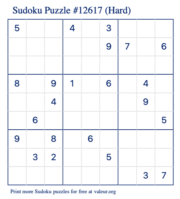 Free Printable Hard Sudoku Puzzle number 12617