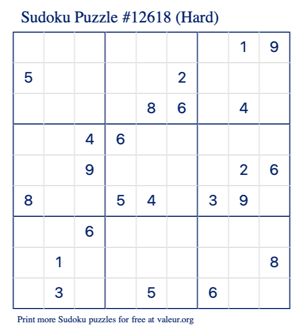 Free Printable Hard Sudoku Puzzle number 12618
