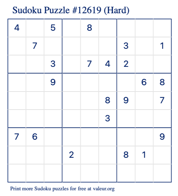 Free Printable Hard Sudoku Puzzle number 12619