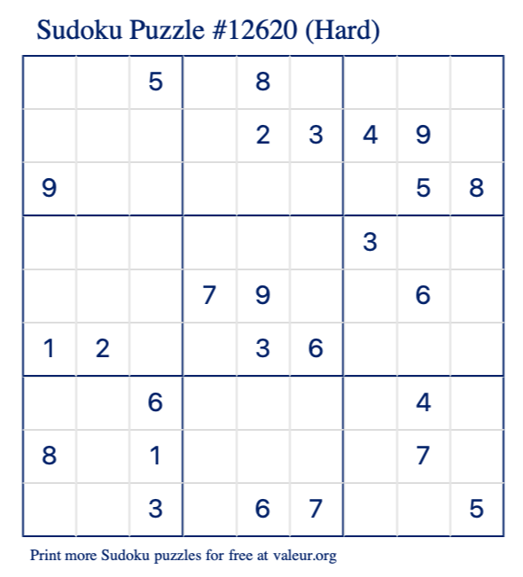 Free Printable Hard Sudoku Puzzle number 12620