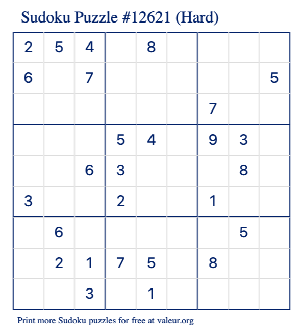 Free Printable Hard Sudoku Puzzle number 12621